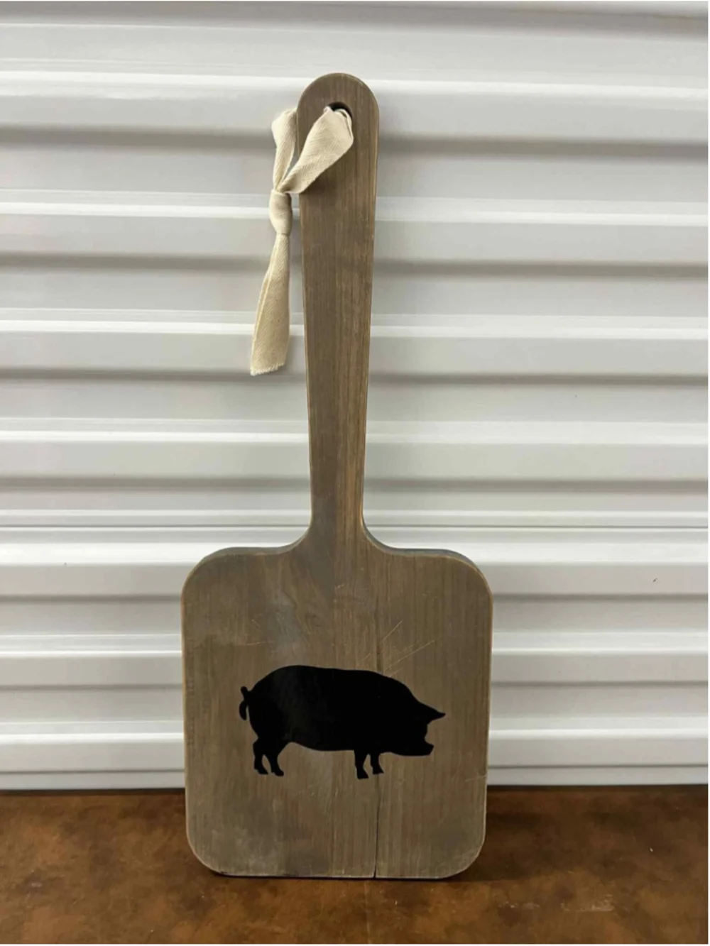 Rustic Wooden Wall Hanging Paddle with Black Pig Silhouette Farmhouse Country